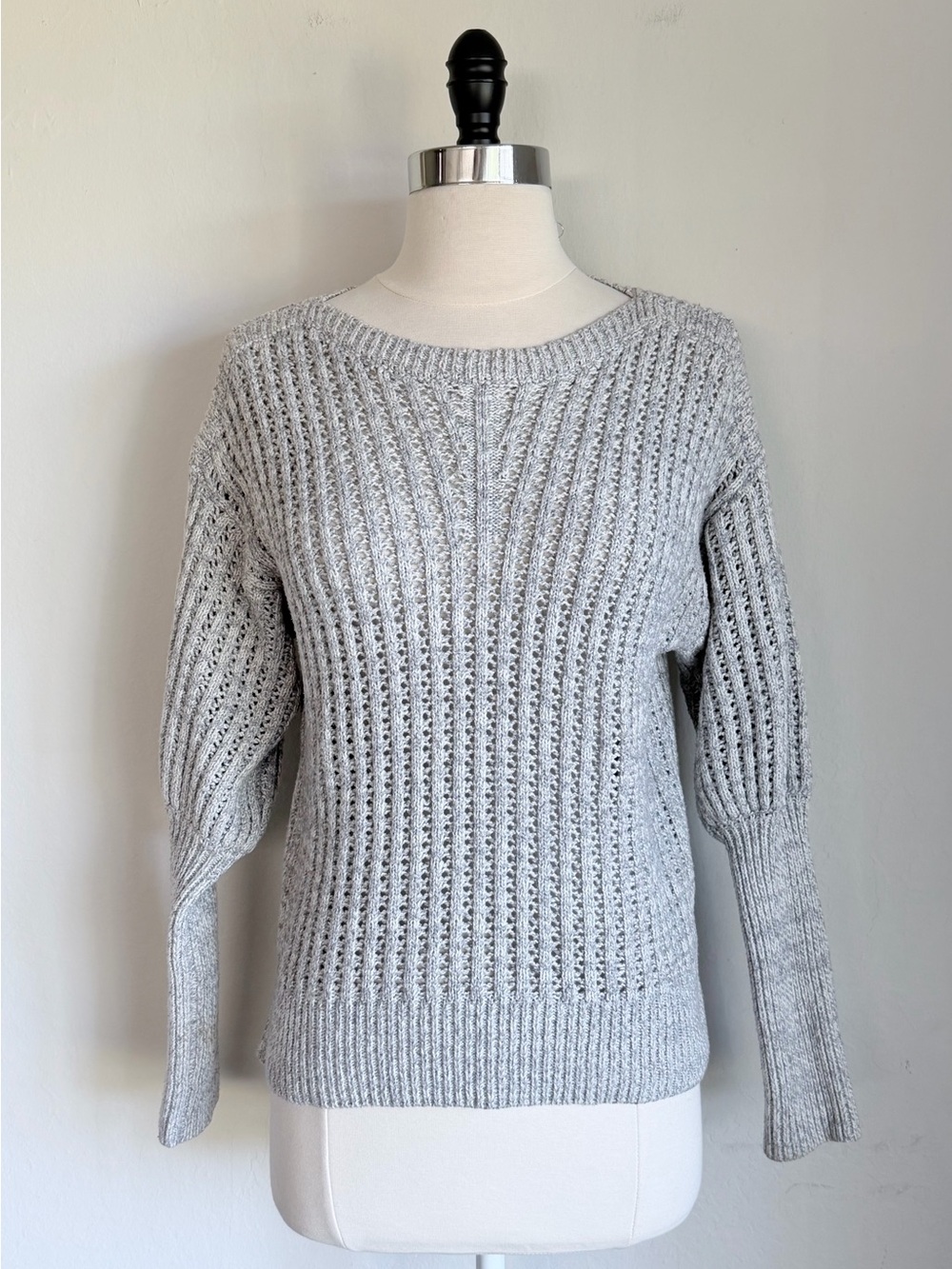 John + Jenn Gray Open Knit Ribbed Pullover Sweater, Puff Sleeves, Small